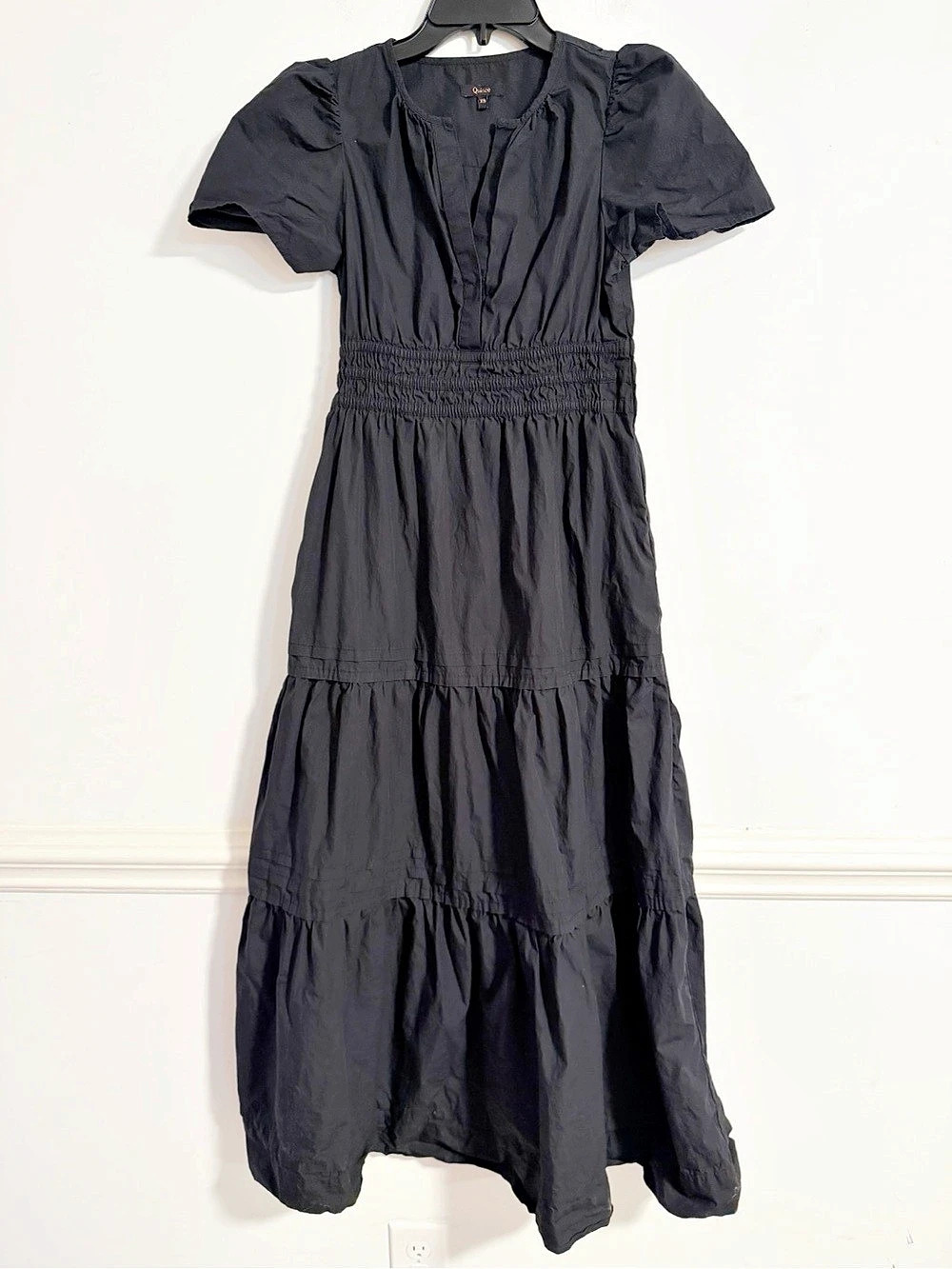 Quince Organic Cotton Poplin Tiered Maxi Dress Black XS Puff Sleeve